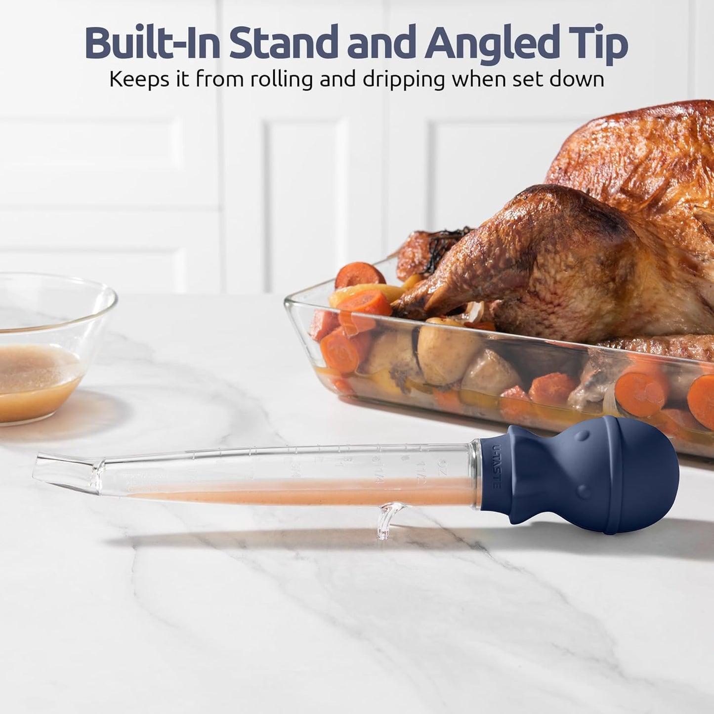 U-Taste 1.5oz Angled Turkey Baster - 228.2ºF Heat Resistant Food Grade Tritan and Silicone Large Octopus Bulb Baster Set with Cleaning Brush for Cooking Basting Meat Poultry Chicken (Midnight Blue)