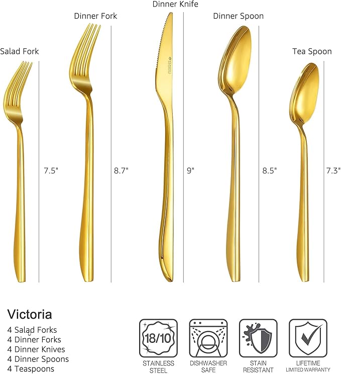 KEAWELL 20-Piece Luxury Mirror Polished Cutlery Set, 18/10 Stainless Steel Tableware, Modern Silverware Set Includes 8 x Spoons, 8 x Forks, 4 x Knives Durable Flatware for Home Kitchen in Gold