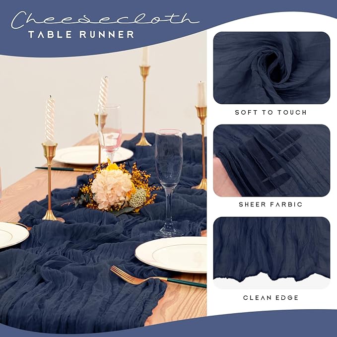 12 Pack Cheesecloth Table Runner 35 x 70 inch Long Boho Cheese Cloth Gauze Table Runners Semi Sheer Table Runner for Wedding Decor, Bridal Shower, Birthday Party (Navy Blue)