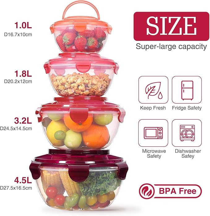 LUXEAR Mixing Bowls with Lids Set, Storage Bowls with Lids Set for Fridge, Meal Prep Bowls 4 Set BPA-Free Salad Bowls with Lid & Handle BPA-Free Salad Storage Container Cooking/Baking/Dishwasher Safe