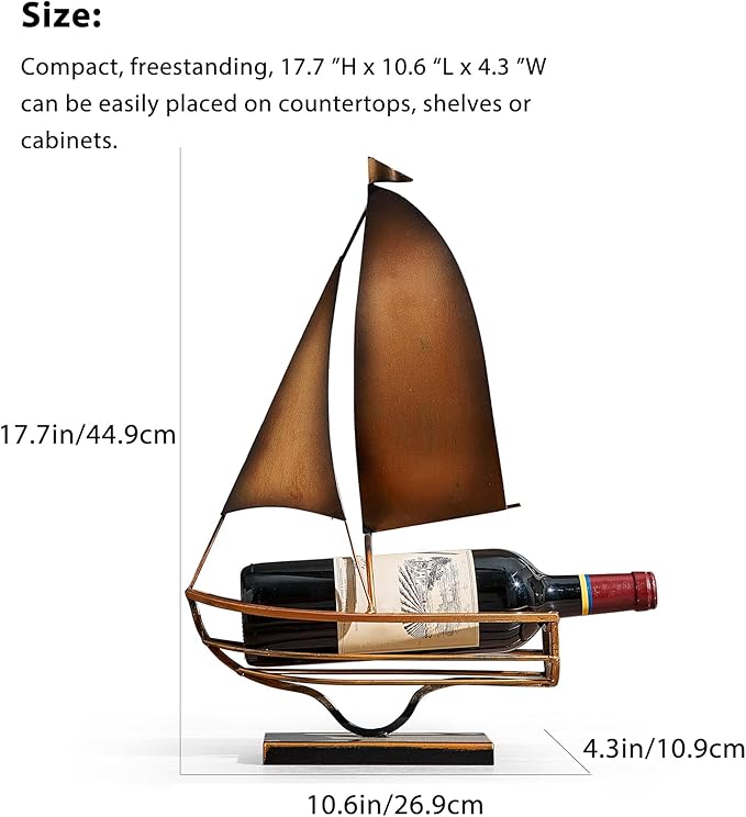 Metal Sailboat Wine Rack for Countertop – Decorative Wine Bottle Holder for Kitchen Bar Dining Table, Boat Sculpture Wine Stand Nautical Home Decor (Brass)