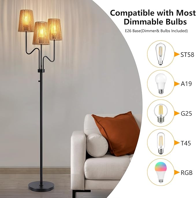 9MMML Farmhouse Boho Dimmable Floor Lamp with Rattan Shade, 68'' Tall Floor Standing Lamp, 3-Light Floor Lamp for Living Room, Bedroom, Office, Corner, 3 x E26 LED Bulb Included