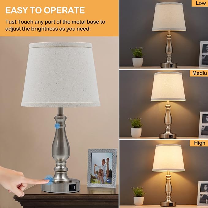Lamps for Bedrooms Set of 2, Brushed Nickel Bedside Lamps with USB C+A Ports,Dimmable Nightstand Lamps with Fabric Lampshade, Touch Table Lamp for Living Room Bedroom Office, Bulbs Included