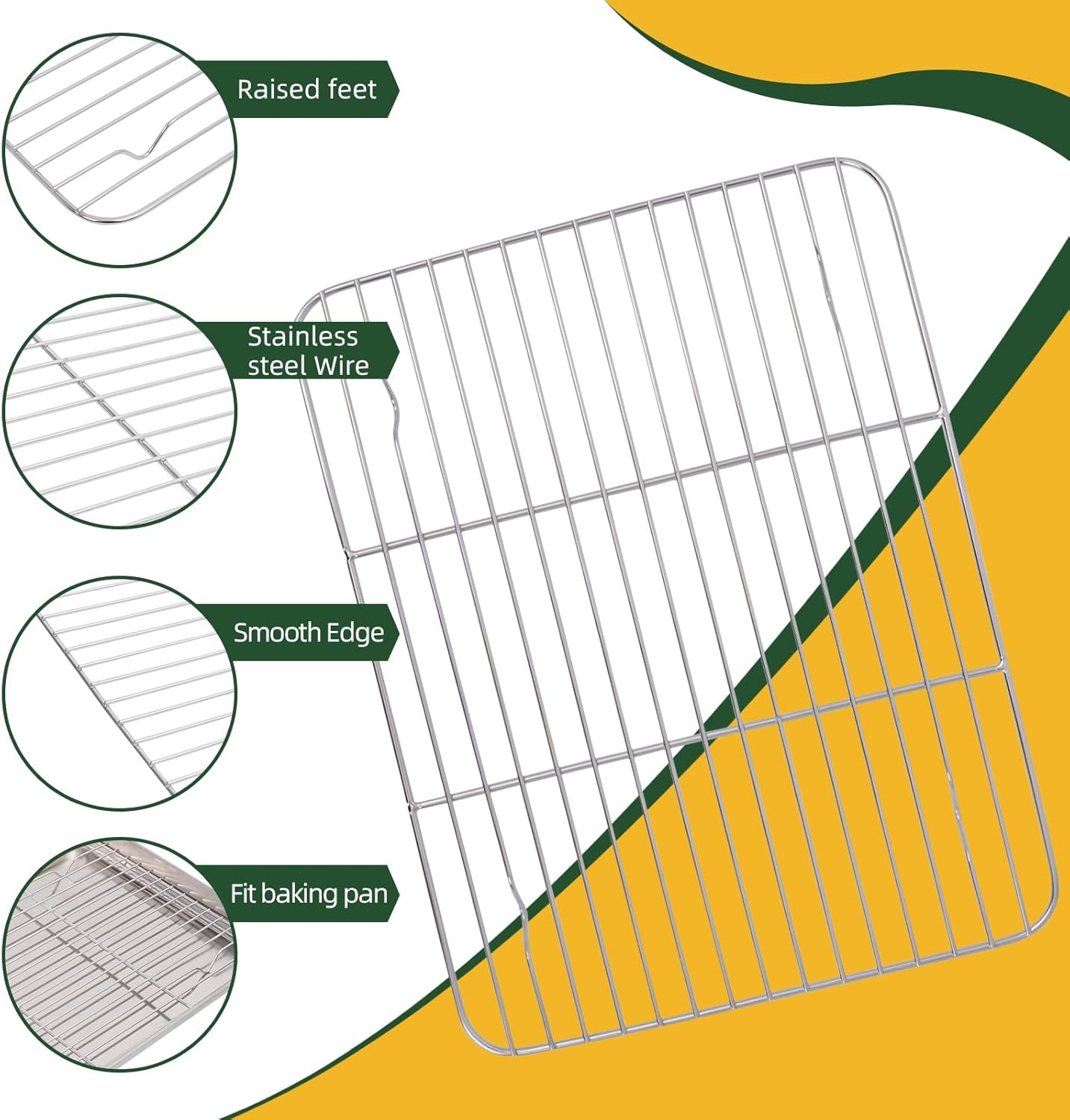KEKEGO 4-piece set Multipurpose 304 Stainless Steel Baking Tray with Cooling Rack, 10/12/16 Inch,Rectangular Pan for Baking, Grilling, Food Prep, Draining, Non Toxic & Heavy Duty & Easy Clean