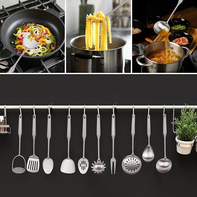 18/10 Stainless Steel Cooking Utensils Set,12pcs Metal Kitchen Utensils Set Dishwasher Safe, Heat Resistant Wok Tools Set for Cooking Enthusiasts