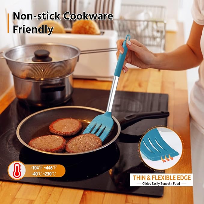 Silicone Spatula Set of 2, E-far Solid & Slotted Turner for Nonstick Cookware, Heat Resistant Rubber Kitchen Cooking Utensils for Flipping Fish Pancake Egg - Teal Blue