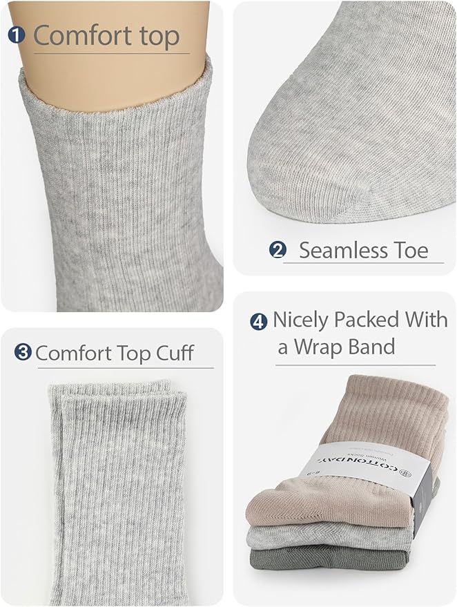 COTTON DAY Women's Soft Combed Cotton Dress Socks Seamless Toe Black White Gray Navy Blue Brown Beige