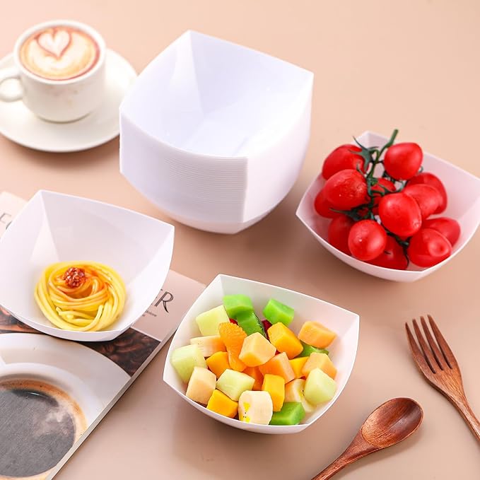 Tanlade 50 Pcs Square Plastic Serving Bowls Disposable Snack Salad Bowl Small Party Candy Bar Containers Taco Bar Serving Dishes for Buffet Chips Fruit(12 oz,White)
