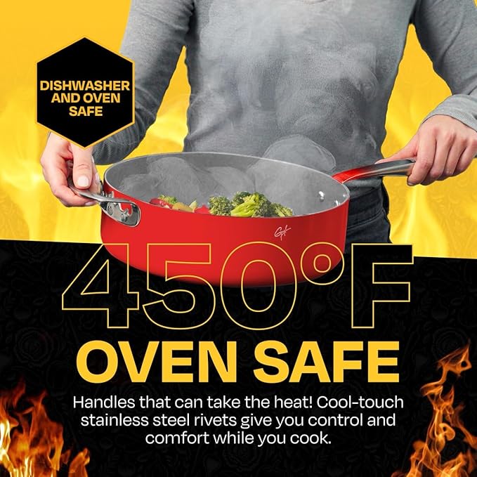 Guy Fieri's Flavortown 11-Piece Ceramic Cookware Set, Nonstick Pots and Pans for Cooking, Made without PFAS PTFE PFOA, Oven Safe, Dishwasher Safe, Easy to Clean Everyday Cookware, Red