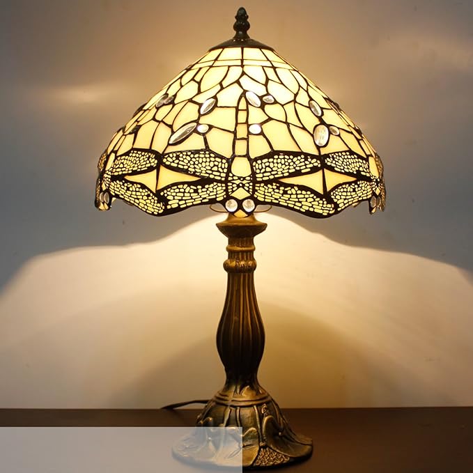 WERFACTORY Tiffany Lamp Cream Stained Glass Dragonfly Bedside Table Lamp Desk Reading Light 12X12X18 Inches Decor Bedroom Living Room Home Office S139 Series