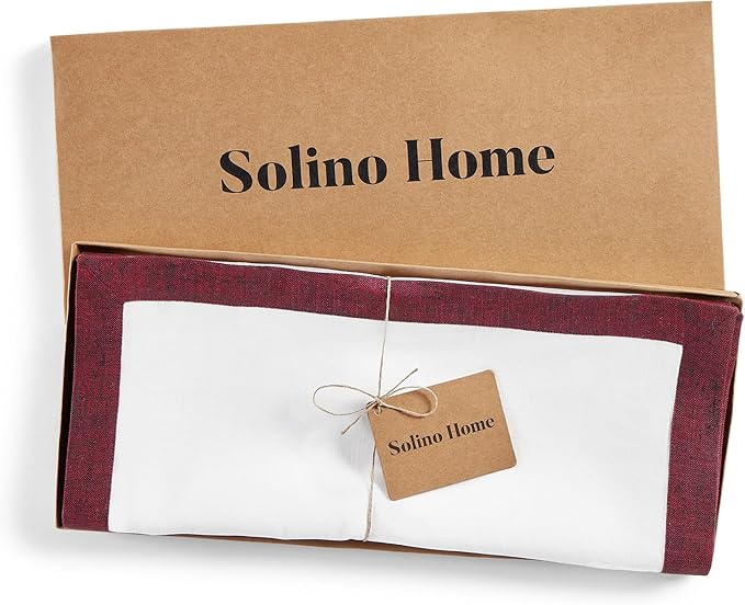 Solino Home Linen Table Runner 48 Inches - 100% Pure Linen Red Garnet and White Small Table Runner 14 x 48 Inch Ideal for Dresser and Coffee Tables - Christmas, New Year, Winter - Classic