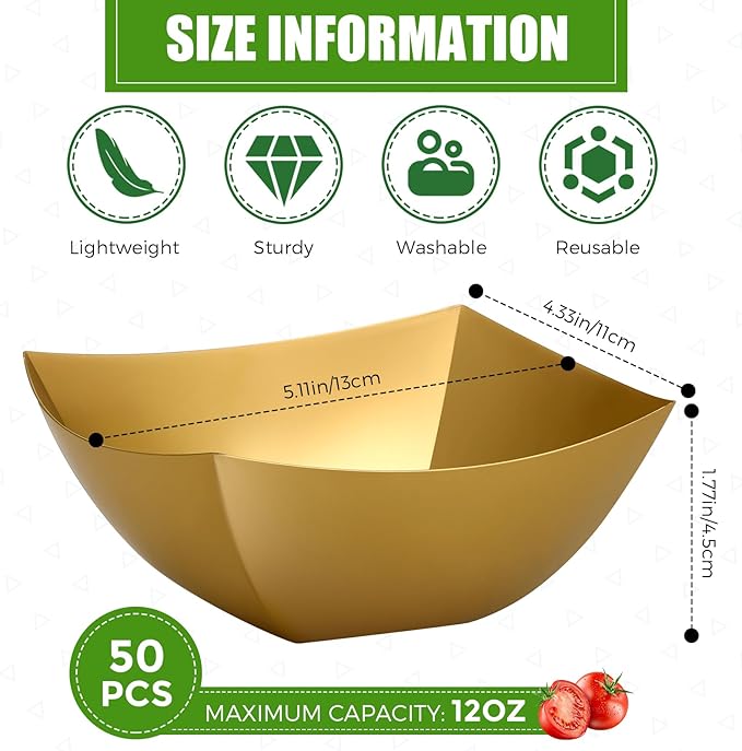 Tanlade 50 Pcs Square Plastic Serving Bowls Disposable Snack Salad Bowl Small Party Candy Bar Containers Taco Bar Serving Dishes for Buffet Chips Fruit(12 oz,Gold)
