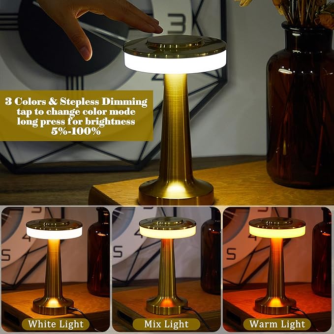 Riakrum 4 Pcs LED Portable Cordless Table Lamp with Touch Sensor 3 Color Stepless Dimming Rechargeable Battery up to 15 Hours Cordless Table Light Wireless Lamp for Nursery (Gold)