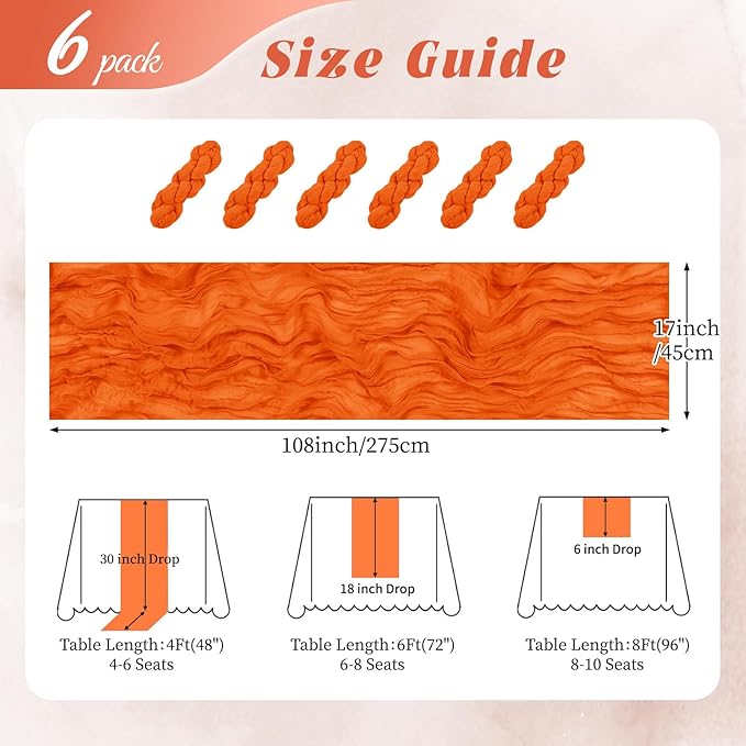 6 Pack Orange Cheesecloth Table Runner 17x108 Inch Semi Sheer Boho Gauze Cheese Cloth Fabric Table Runners, for Wedding Party Baby Shower Birthday Home Decor Garden Farmhouse