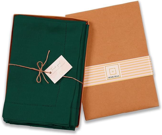 Home Ekaa 100% Pure Linen Green Napkins 20 x 20 Inch - Washable Hemstitch Dinner Napkins Set of 4 - Cloth Fabric Napkins for Christmas, Fall, Winter, Holiday & New Year - Elara