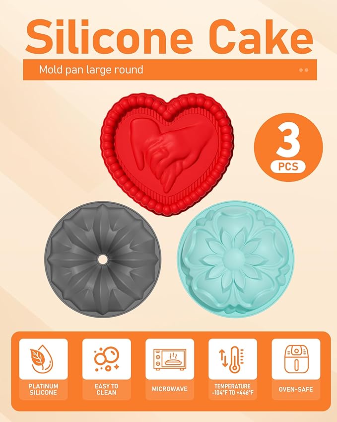 3 Pack Silicone Cake Molds Nonstick, Christmas Silicone Bundt Cake Pan, Baking Pan for Cake,Brownie Bread Jello and Pies, Tarts