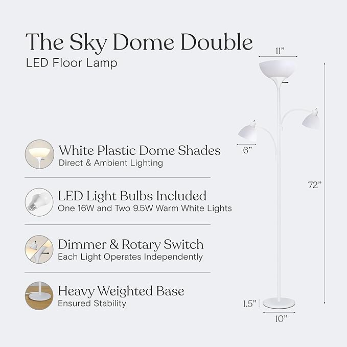 Brightech Sky Dome Double – High Brightness Torchiere Floor Lamp with 2 Reading Lights for Living Rooms, Bedrooms – Replace Halogen Standing Lamps with Efficient LED Office Lighting - Tall White Pole