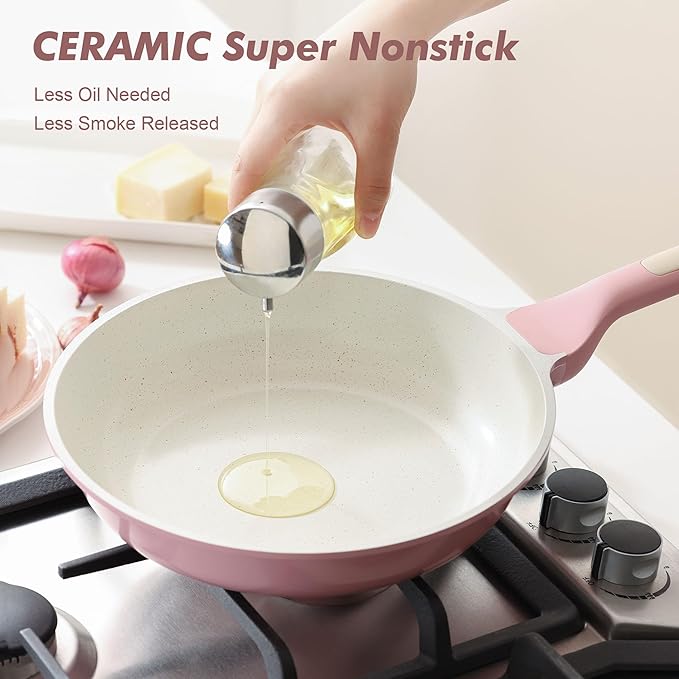 SENSARTE Nonstick Ceramic Frying Pan 9.5-Inch, Healthy Non Toxic Skillet, Induction Compatible Omelet Pan with Heat Resistant Handle, PFAS-Free, Sakura Pink