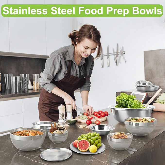 Stainless Steel Bowls Bulk, 10 Pack 5.9in 20.6oz 610ml Medium SUS304 Double Wall Insulated Stackable Metal Cereal Eating Bowl Containers for Restaurant Serving Dishes Salad Ice Cream Soup Rice