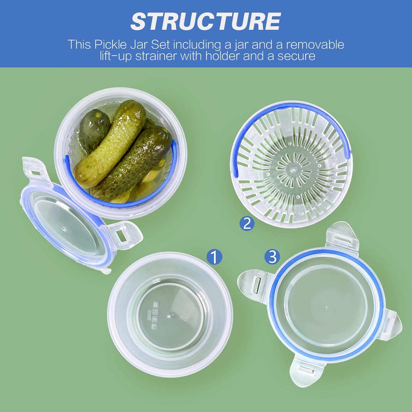 Pickle Jar 24 oz pickle container with strainer Pickle Holder Keeper Lifter, pickle storage container pickle strainer, Flip Jar with Leak Proof and Lock It Lid