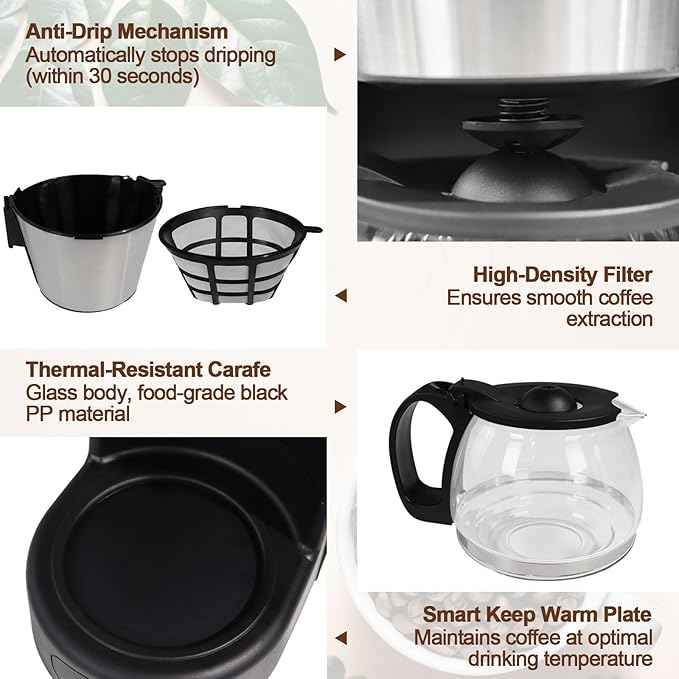 5 Cup Drip Coffee Maker One-Touch Anti-Drip Coffee Machine with Reusable Filter Carafe Auto Keep Warm Plate Spoon Coffee Pot Suitable for Home Use 110V