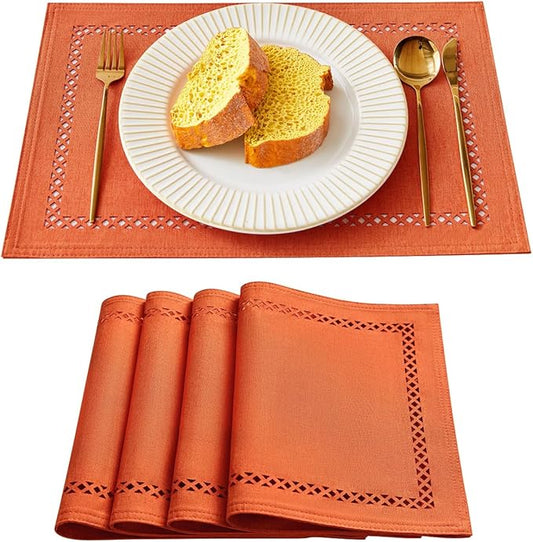 Fall Placemats Set of 4, 12 x 18 Inch Rustic Geometric Hollow Place Mats, Orange Heat Resistant Placemats for Autumn Thanksgiving Farmhouse Table Decor, Orange 4PCS