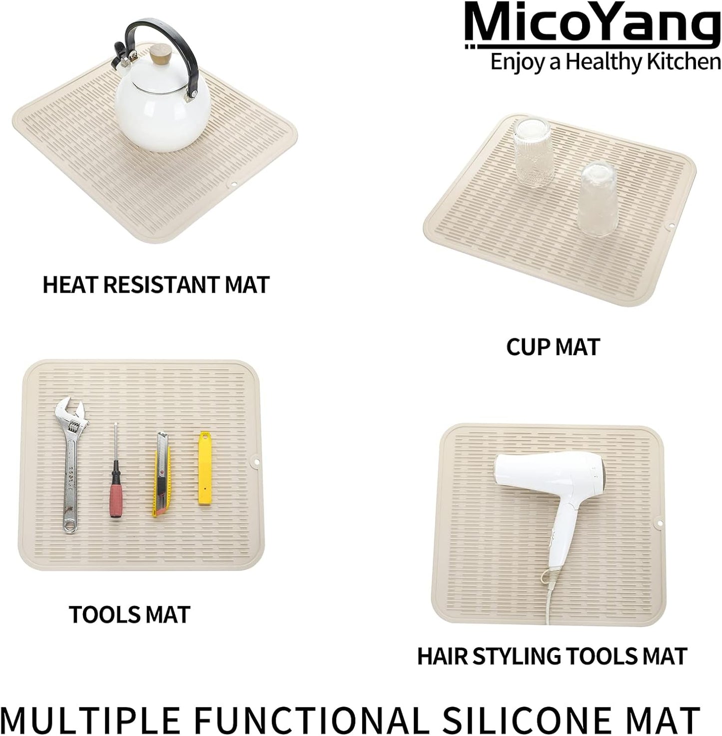 Silicone Dish Drying Mat for Multiple Usage,Easy clean,Eco-friendly,Heat-resistant Silicone Mat for Kitchen Counter or Sink,Refrigerator or Drawer Liner Tapioca XL 18 inches x 16 inches