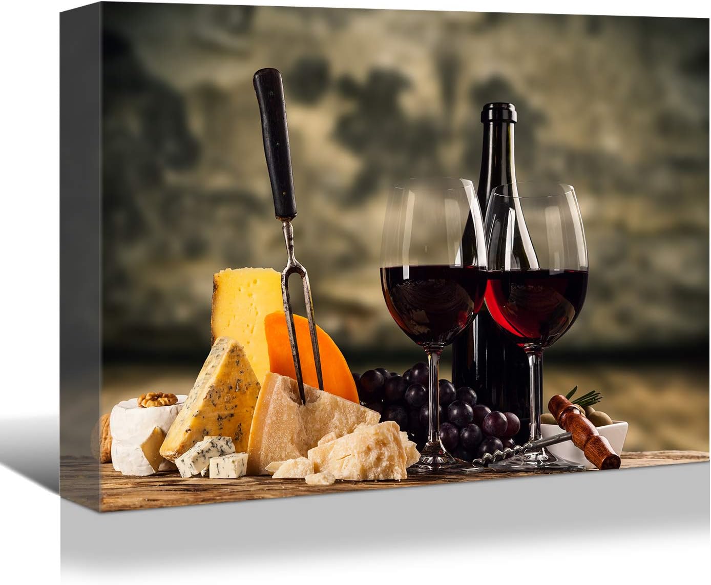 Looife Kitchen Still Life Canvas Wall Art, 48x36 Inch Gallery Wrapped Red Wine with Cheese Picture Prints Wall Decor, Food Art Deco for Dining Room and Bar Decoration