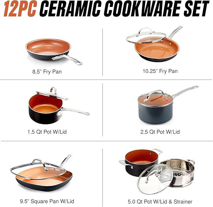 Gotham Steel 12 Pc Ceramic Cookware Set Nonstick, Ceramic Pots and Pans Set Non Stick with Steamer for Cooking, Non Toxic PFOA PFOS Free, Ergonomic Stay Cool Handles, Oven & Dishwasher Safe, Copper