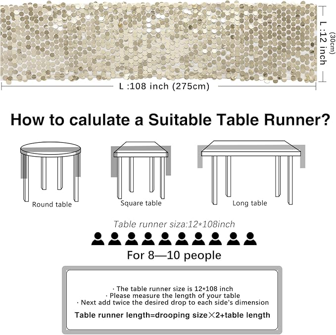 12 x 108 Inch Champagne Sequin Table Runner Glitter Rectangle Big Sequin Table Runner for Wedding Party Birthday Christmas Halloween Decoration (1 Pack)