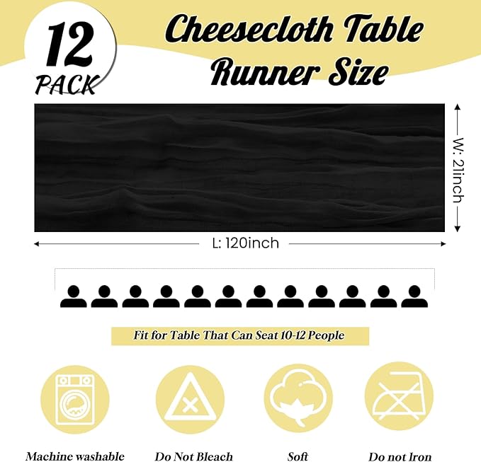 12 Pack Black Halloween Table Runner 10FT Cheesecloth Table Runner 120 inch Boho Gauze Cheese Cloth Table Runner Rustic Sheer Table Runner for Party Wedding Bridal Baby Shower Birthday Table Decor