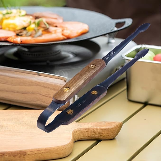 Exquisite Lightweight Cooking Tongs - 304 Stainless Steel & Walnut Wood, Comfortable Grip, Non-Slip Design, High Heat Resistant - Ideal for Light and small food, Kitchen Plating, Korean BBQ, 9-Inch