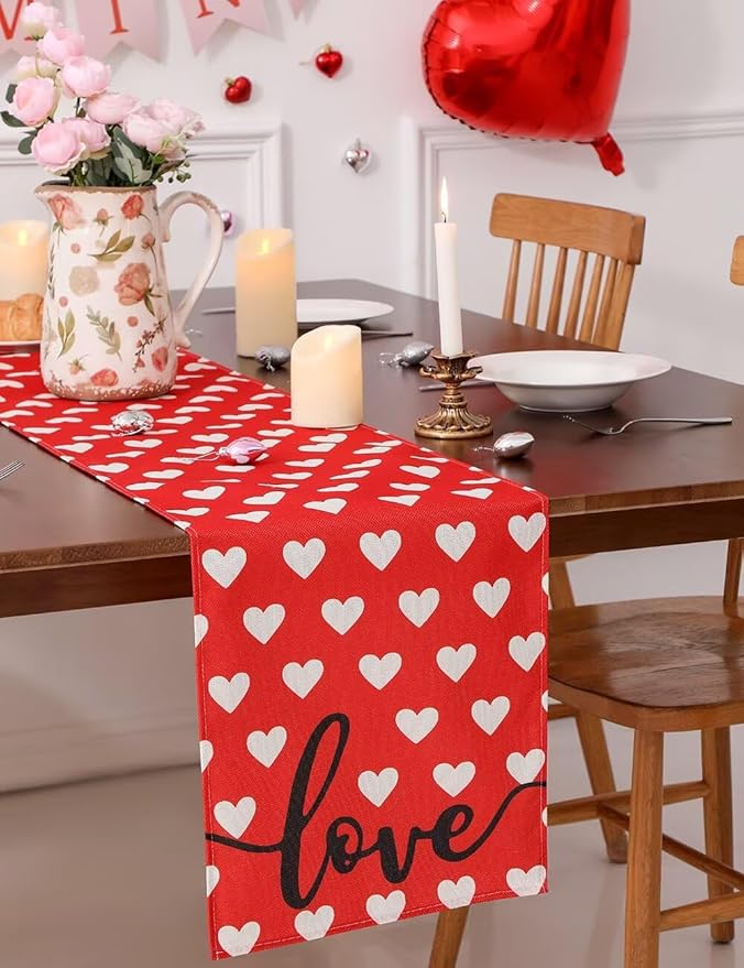 Red Love Heart Valentine's Day Table Runner 13"x72" & 4 Pcs 12"x18" Placemats Sets with 12 Heart Balloons, Love Letter Balloons, Stickers & Blowing Straw for Home Party Decor