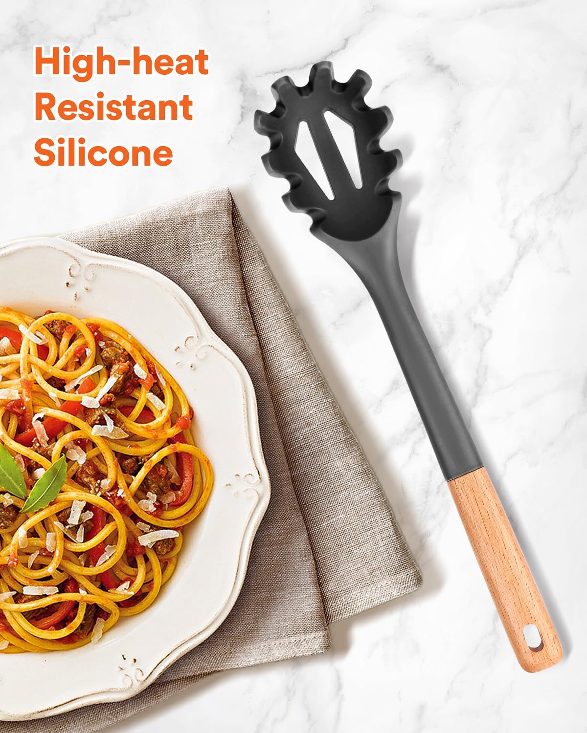 Silicone Pasta Fork, Kitchen Heat Resistant Noodle Spoon Server, BPA Free Spaghetti Strainer,12.8 inch (Grey)