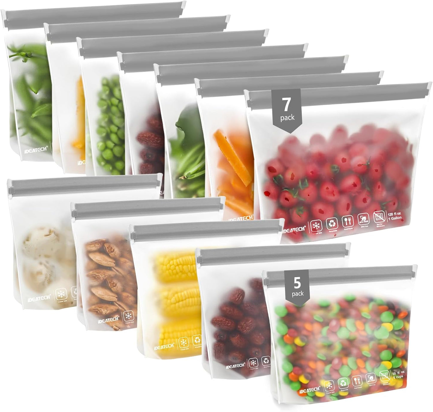 IDEATECH Sandwich Food Storage Bags, BPA Free PEVA Reusable Gallon Freezer Bags, Reusable Sandwich Bag, Healthy Food Containers for Lunch, Travel (Grey, 12Pack-7Gallon+5Quart)