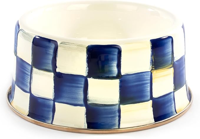 MACKENZIE-CHILDS Pet Bowl, Cute Cat and Dog Bowl for Food and Water, Blue-and-White Royal Check, Medium
