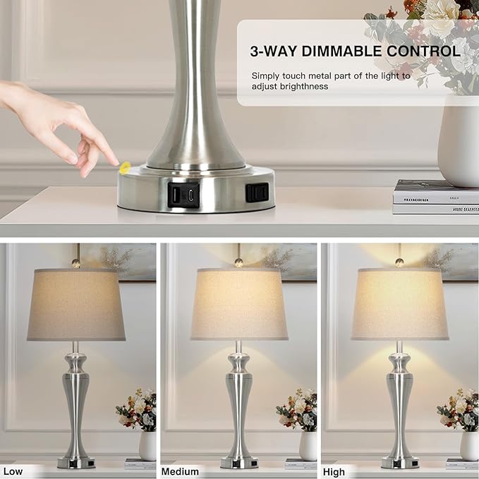 30" Silver Table Lamps Set of 2, 3-Way Dimmable Touch Bedside Lamp with USB A+C Ports and AC Outlet, Tall Living Room Lamps for Side Table, Modern Brushed Nickel Bedroom Lamp for Nightstand