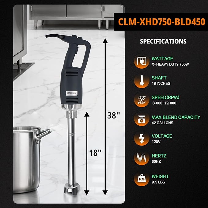 Commercial Immersion Blender, X-Heavy Huty 750W Handheld Blender, 18 Inch Detachable Shaft, 8,000-19,000 RPM Variable Speed, 42 Gallons Multifunction Pro Electric Stick Emulsifier.
