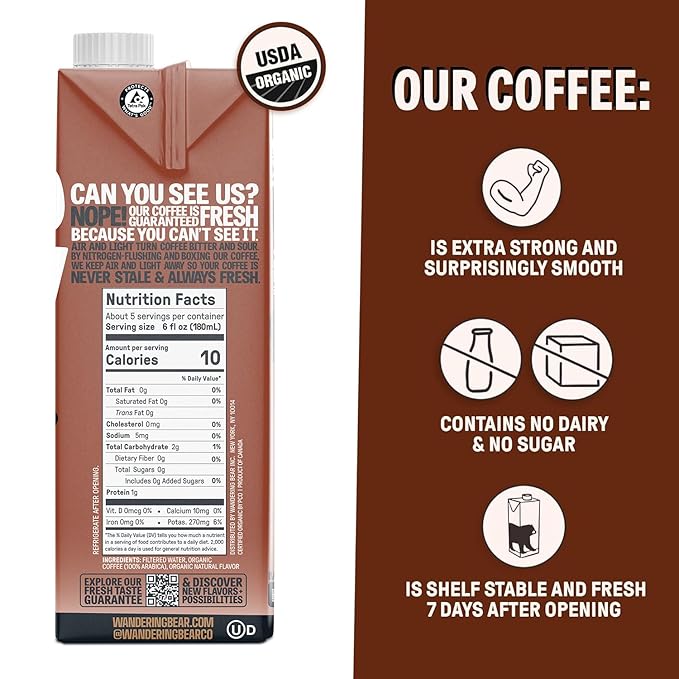 Wandering Bear Organic Mocha Cold Brew Coffee - Strong, Bold, Smooth, Unsweetened, Shelf-Stable, Ready to Drink, Gluten Free, & Vegan Iced Cold Brewed Coffee Drink - 32 fl oz, 3 pack