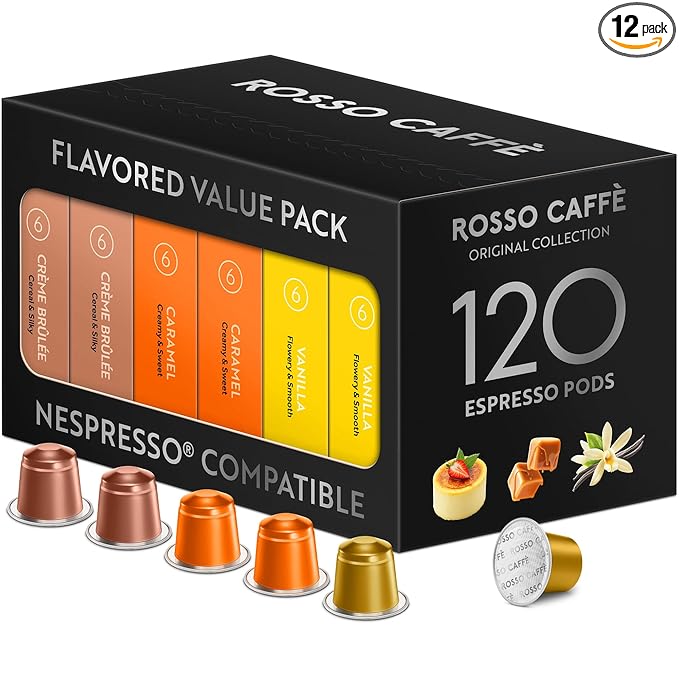 ROSSO CAFFÈ 120 Espresso Coffee Pods for Nespresso Original Machines - Value Pack of Premium Flavored Capsules, 3 Rich and Balanced Desert Coffees (Vanilla, Crème Brulee, Caramel)