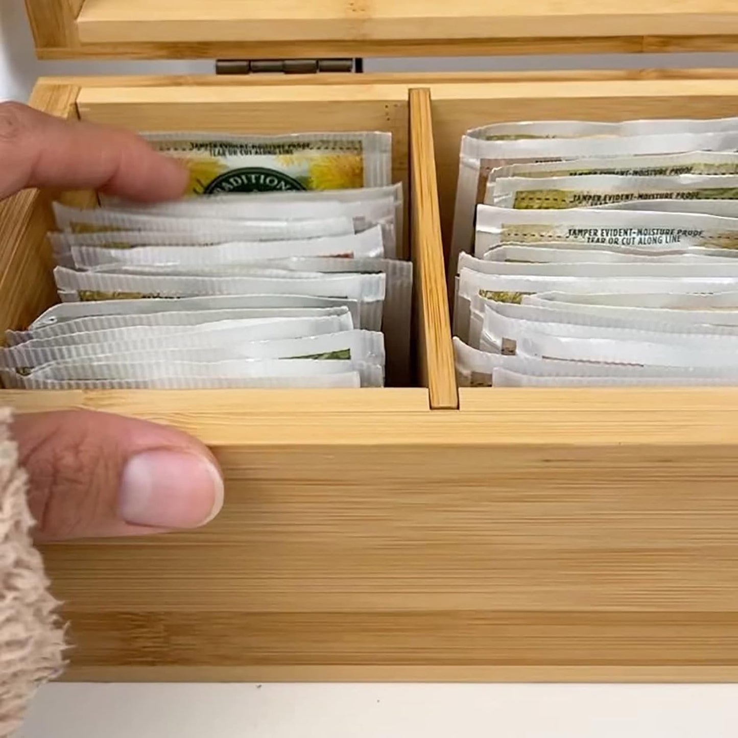 Bamboo Tea Organizer Box Chemical Free Eco-Friendly Big, Tall, Adjustable Cubbies Natural Wooden Storage Chest (4-Slot Across 14.3"x 4.4" x 4.2")