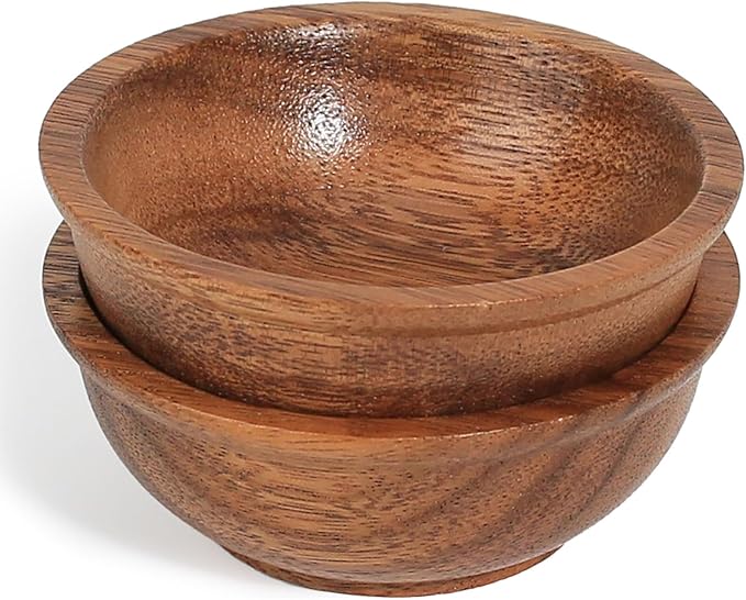 Acacia Wooden Bowls, 4 Inch Handcrafted Wood Serving Bowls Set of 2 for Sauce/Dips/Condiments, Mini Farmhouse Side Dishes with Natural Textured for Charcuterie Board/Appetizers