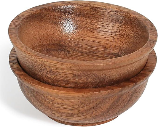 Acacia Wooden Bowls, 4 Inch Handcrafted Wood Serving Bowls Set of 2 for Sauce/Dips/Condiments, Mini Farmhouse Side Dishes with Natural Textured for Charcuterie Board/Appetizers