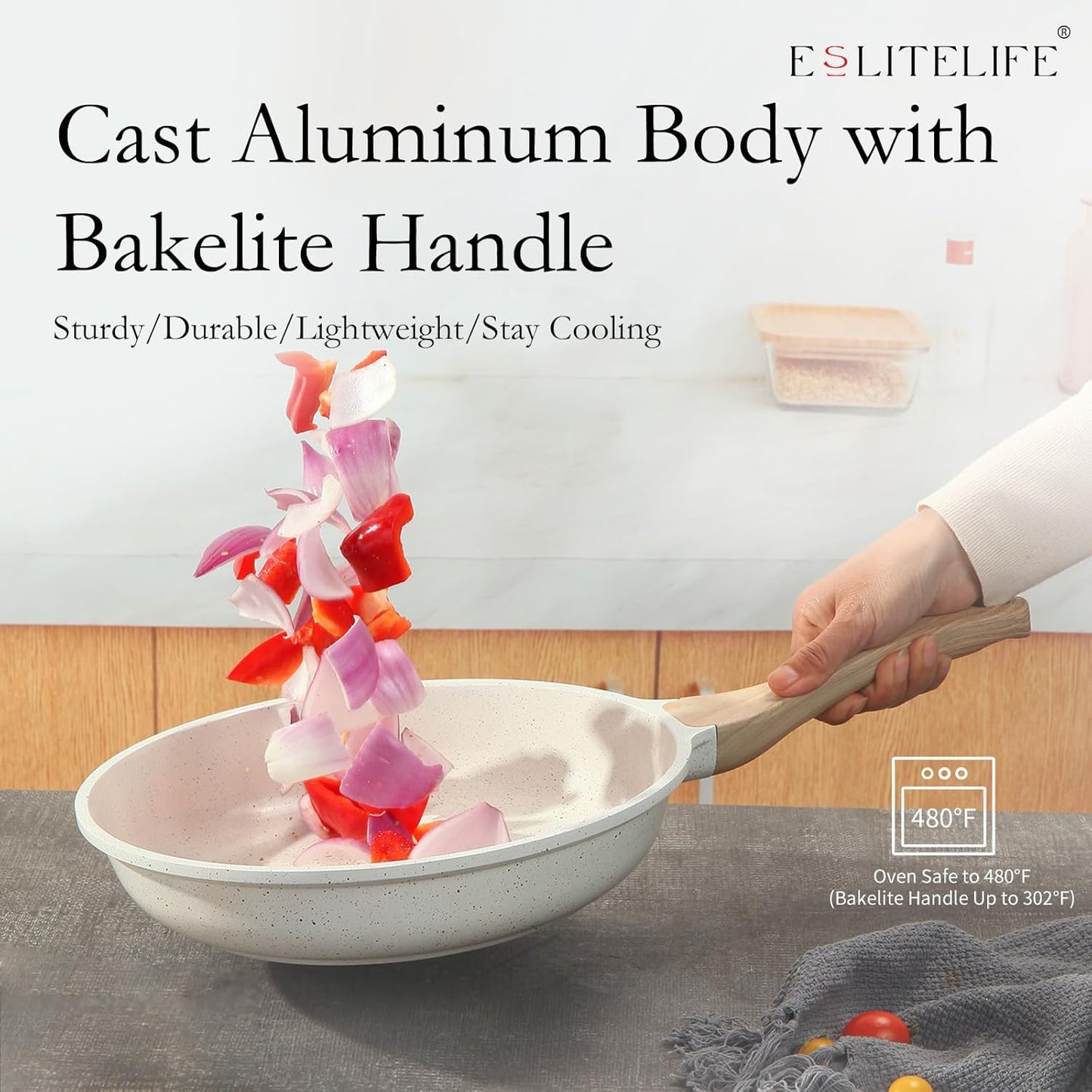 ESLITE LIFE Nonstick Ceramic Frying Pans Skillets Set with Lids, Non-Toxic Egg Omelette Kitchen Cooking Pans Compatible with All Stovetops (Gas, Electric & Induction), PTFE & PFOA Free (White)