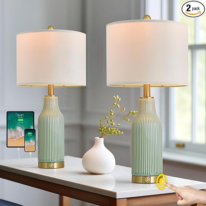 24.5" Modern 3-Way Dimmable Touch Control with USB A+C Ceramic Lamps Set of 2 Table Lamp for Living Room Bedroom Farmhouse Nightstand Bedside Green