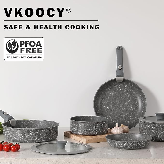 Non Stick Pot and Pan Set with Removable Handle, Ceramic Cookware Set Detachable Handle, Induction Kitchen Camping Stackable Pots Pans, Dishwasher/Oven Safe, Grey