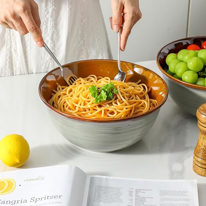 MEKY 84oz Serving Bowls, Ceramic Mixing Bowls Set of 2, 9 Inch Large Kitchen Bowls for Prep Baking Salad Pasta Ramen, Microwave & Dishwasher Safe, Durable for Daily Cooking & Entertaining, Brown