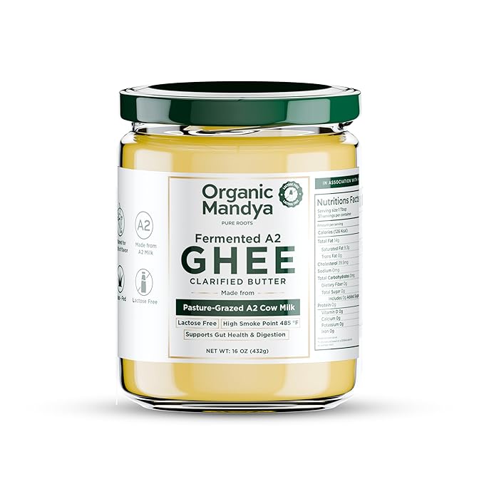 Organic Mandya Grass Fed Ghee A2 Butter, Pasture Raised, Lactose Free, Stress-Free Cattle, Ethically Sourced | Fermented A2 Ghee (16 oz / 475 ml)