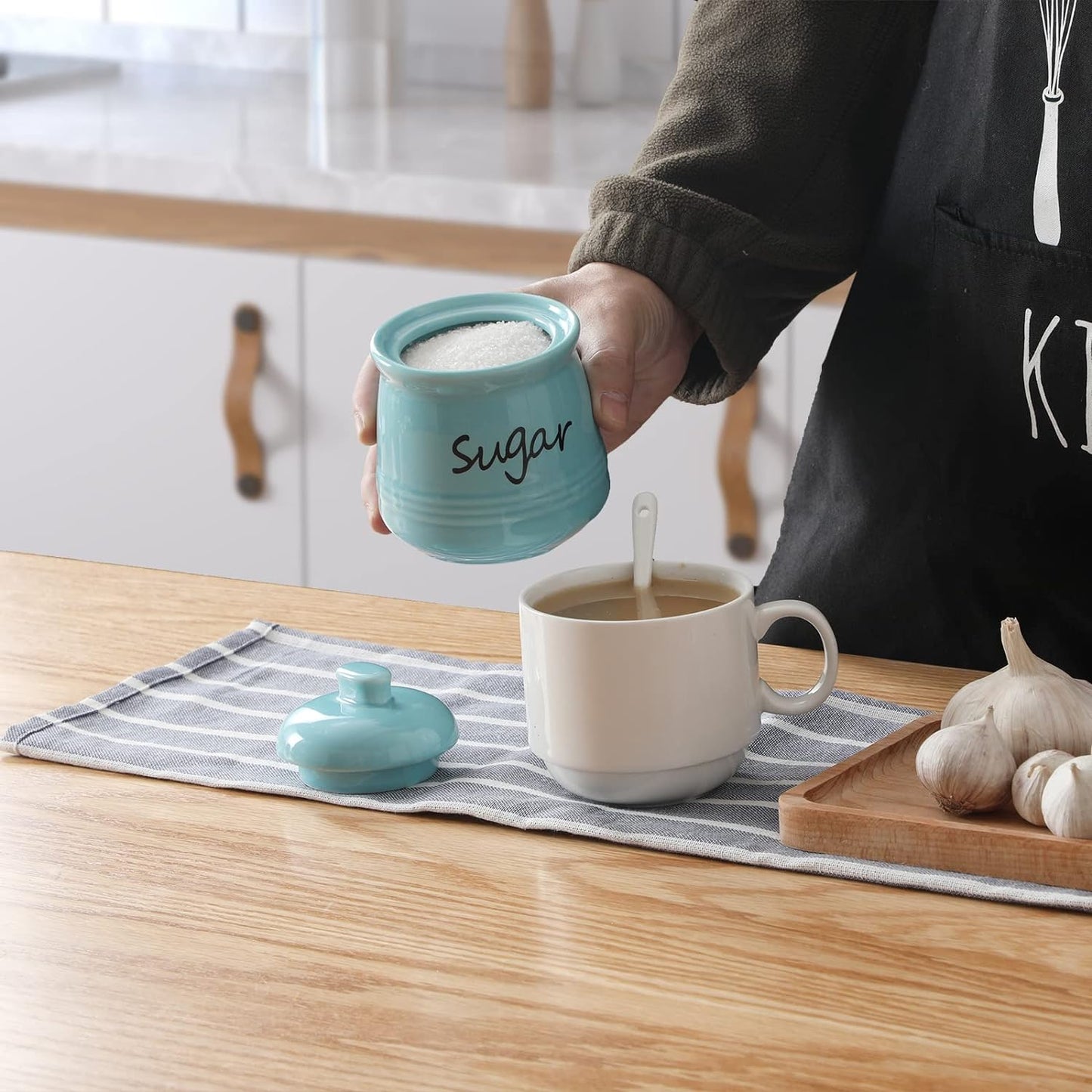 ONTUBE Ceramic Sugar Bowl with Lid and Spoon 12oz (Turquoise Blue)