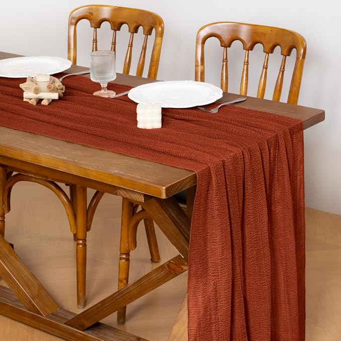 Socomi Terracotta Cheesecloth Table Runner Fall Thanksgiving Gauze 120 Inch Rustic Boho Cheese Cloth Runner for Wedding Party Baby Bridal Shower Centerpiece Decoration Holiday Home Decorations